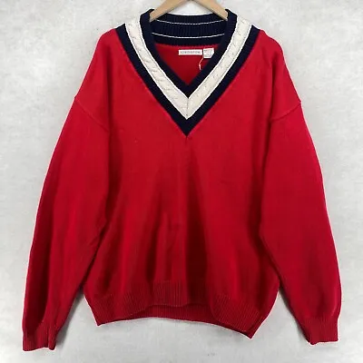 CLAIBORNE Sweater Mens L Cricket Varsity Cotton Cable Rib V-Neck Red Vintage • $39.99