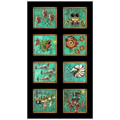 Aquatic Steampunkery Fabric Panel 100% Quilters Cotton Turtle Crab Octopus Sea • $9.99