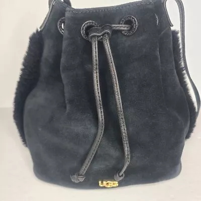 UGG Black Suede Shearling Drawstring Bucket Bag Purse Crossbody • $85