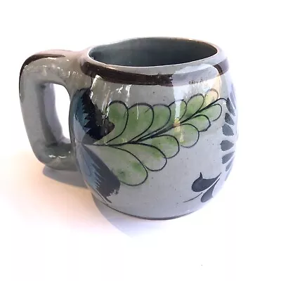 Vintage Tonala Mexico Large Coffee Mug Blue Floral Mexican Pottery Folk Art  • $16