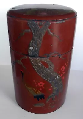 VTG Asian Tea Caddy Tree & Bird Motif Tin W/ Shell Inlay Red Lacquer 7.2 X4.4  • $179.97