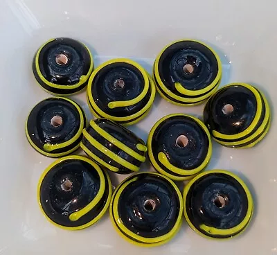 Lampwork Beads X 10 Handmade Black Yellow Striped Detail 14mm Focal Unique  • £3.99