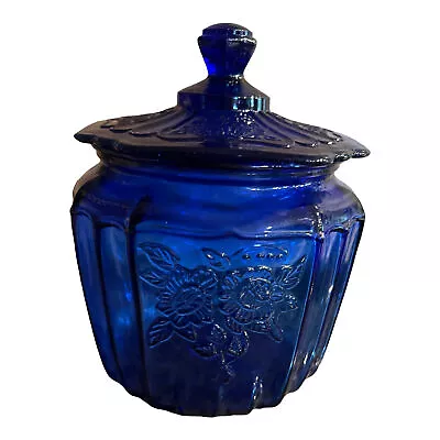 Mayfair Cobalt Blue Open Rose Pattern Biscuit Jar With Lid Vintage • $29.99