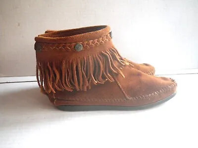 Minnetonka Rust Brown Leather Moccasins Fringe Back Zip Ankle Boots Womens 8 • $34.99