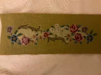 Vtg Finished Floral Needle Point Pink Blue Purple Flowers Olive Green 14”x5.5” • $19.99