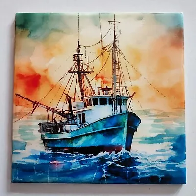 Ceramic Picture Tile Wall Photo Tile Art Tile Watercolour Fishing Boat Sea Decor • £19.99