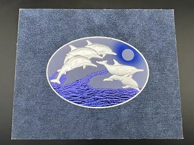 Vintage Foil Art Picture Jumping Dolphins Ocean Waves Blue Silver Denim Matting • $24