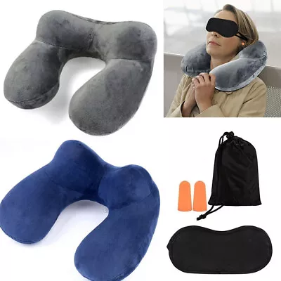 Inflatable U-Shaped Neck Pillow Travel Flight Soft Head Rest Air Support Cushion • £5.99