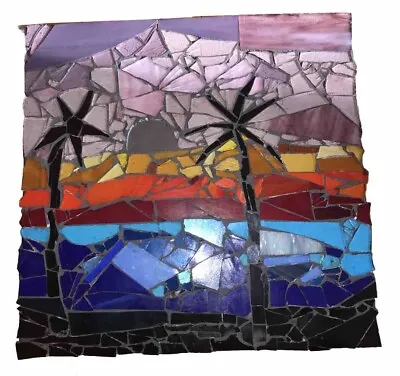 Beautiful Wall Hanging Art Glass Mosaic Art Palm Trees Sunset/Rise Mirror Sun • $35.99