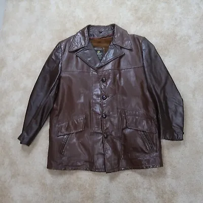Vintage Cooper Brown Leather Coat Jacket Mens 46 Lined 4 Button Coat • $54.99