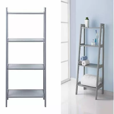 4 Tier Grey Wooden Ladder Storage Shelf Bookcase Display Stand Bathroom Unit • £42.95