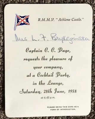 Ship RMMV Athlone Castle Party Invitation 1958 Union Castle Line WW2 Troop Ship • £9.99
