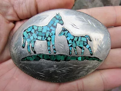 Vtg MARE & COLT Belt Buckle ART Turquoise Horses Broken Arrow Silver RARE VG+ • $49.99