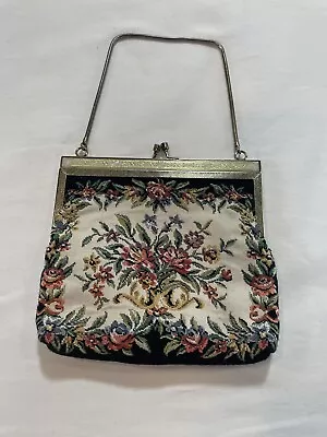 Vintage Petit Point Embroidered Purse Floral Tapestry Black Evening Bag 1930s • $24.99