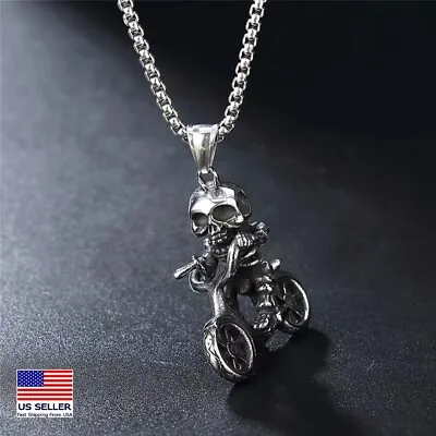 Men Stainless Steel Chain Necklace 3D Skull Skeleton Motorcycle Pendant 1683 • $9.99