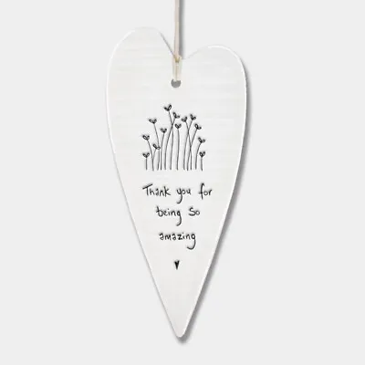 East Of India Hanging Long Porcelain Heart Thank You Keepsake Inspirational Gift • £5.99
