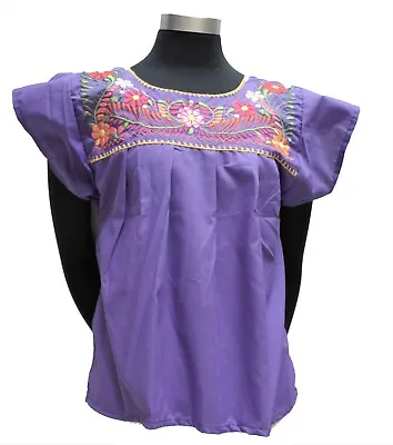 Mexican Peasant Blouse Hand Embroidered Top Colors Vintage Style Tunic DrkPurple • $16.88