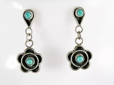 Vintage Turquoise Drop Flower Stud Earrings Dainty Cute Southwestern Sterling • $70