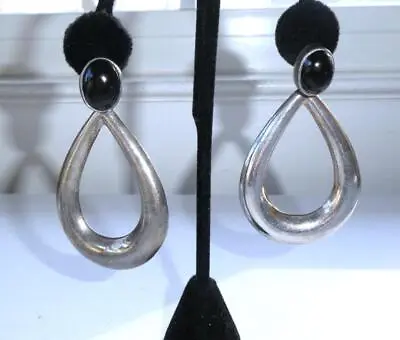 Vintage Mexican Sterling Silver & Onyx Teardrop Pierced Earrings  3  Long • $34.95