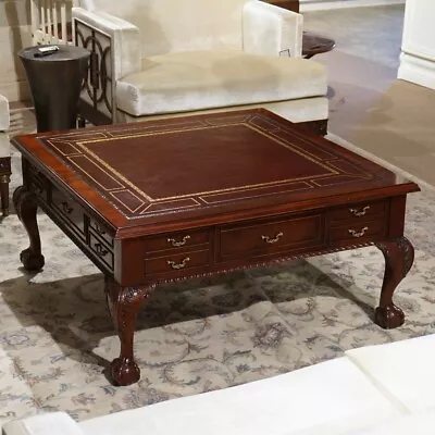 Traditional Mahogany Square Ball And Claw Leather Top Coffee Table • $2060