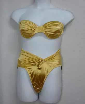 Vtg Chaos High Cut Bikini 2 Piece Swimsuit Shiny Gold Strapless Top Size Medium • $49.95