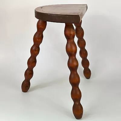 Vintage Rustic Wooden Milking Stool With 3 Carved Bobbin Legs & Half Moon Seat • £28