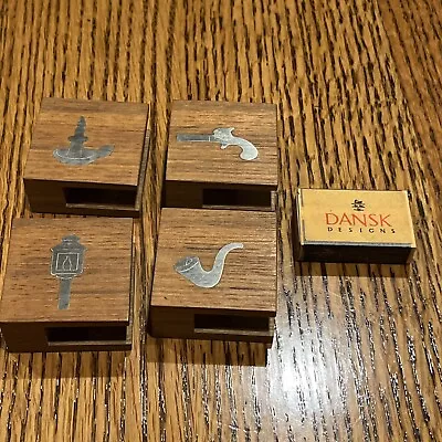 Vintage MCM Danish Teak DANSK Matchbook Box Holders Inlay Silver Pewter Set Four • $50