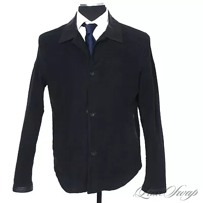 Robert Geller Made In Japan Black Brushed Twill Leather Trim Flannel Car Coat 50 • $36