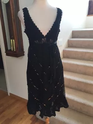 Bebe Black Silk Lace Sequin Spanish SALSA Dress Deep V Tie Back Empire S • $34.50