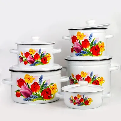 Tulip Flowers Enamel Stockpot Vintage Style Pot Cooking Pot Enameled Pot UKRAINE • $35.95