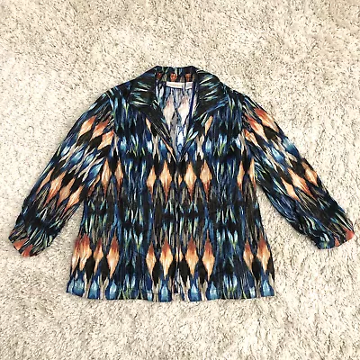 Chico's Linen Cotton Ikat Jacket Sz 2 Shimmery Boho Eclectic Blazer Hook Pockets • $25