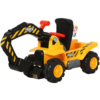 3-In-1 Kids Ride-On Push Tractor Scooter Storage Basketball Net 3-8 Yrs Yellow • £38.95