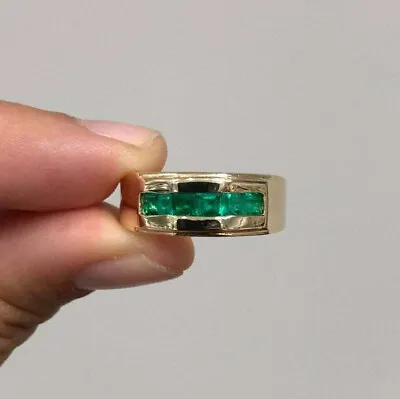 2.50Ct Princess Cut Green Emerald Men's Wedding Band Ring 14K Yellow Gold Finish • £126.90