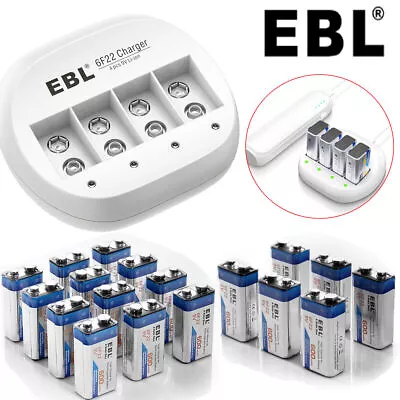 EBL Lot 9V 600mAh Li-ion Rechargeable Batteries / 4-Slot 9-Volt Lithium Charger • £9.99