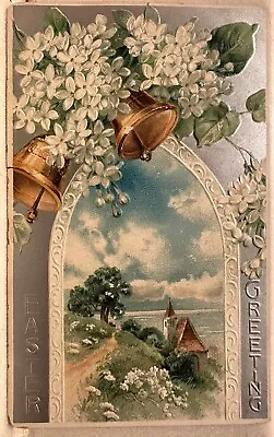 1909 Vintage Easter Postcard- Bells White Flowers Church By Lake  • $1.70