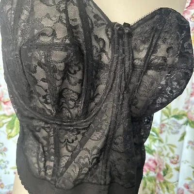 Vtg BUSTIER BRA CORSET Sheer Black Lace Underwire Boning GODDESS 50B Sissy • $39.99