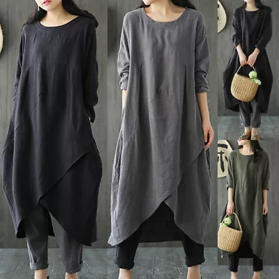 ZANZEA Womens Summer 100%Cotton Long Sleeve Irregular Hem Kaftan Jumper Dress AU • $25.95