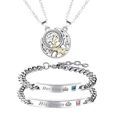 4pcs Magnetic Couple Matching Moon Sun Necklace His Queen Her King Bracelet Set • $14.99