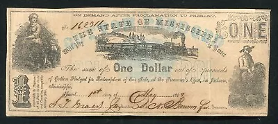 1862 $1 The State Of Mississippi “cotton Pledged” Obsolete Currency Note  • $99.95