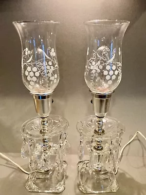 Vintage Crystal Lamps W/ Etched Glass Grapes Hurricane Shades • $89.99