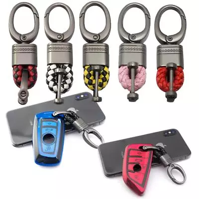 Car Key Fob Remote Braided Faux Leather Gunmetal Metal Snap Keychain Key Ring • $7.99