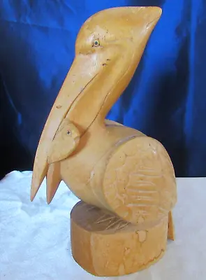 Vintage Hand Carved Wood Pelican W/ Fish In Mouth Bird Figure Sculpture 9  Tall • $28