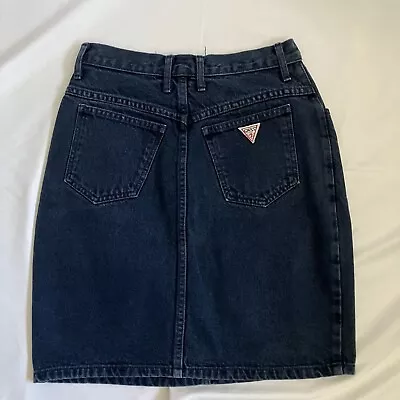 Vintage Guess Denim Skirt Sz 26 Made In Usa Blue High Waist Logo 1990s • $25