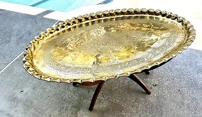 Vintage 40”x26” Moroccan Bright Brass Tray Wood Spider Leg Coffee Table Mid Cent • $399.99