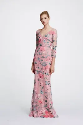 $895 NEW Marchesa 3/4 Sl V Neckline Floral Gown Blush Pink Embroidered Dress 0 . • $425