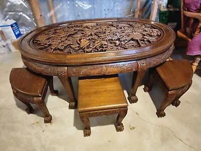 Antique Handcarved Japanese Tea Table W/ 6 Stools • $500