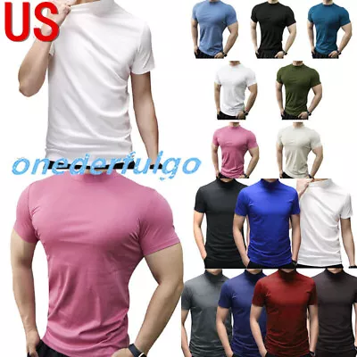 US Mens T Shirt Short Sleeve Basic Mock Turtleneck Slim Fit Pullover Undershirt • $4.31