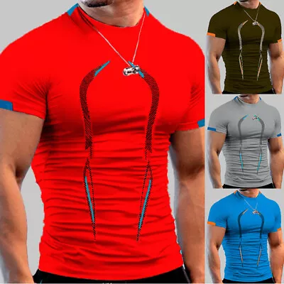 Mens Pullover T Shirt Short Sleeve Fitted Top Gym Quick Dry Tight-Fitting O Neck • £7.88