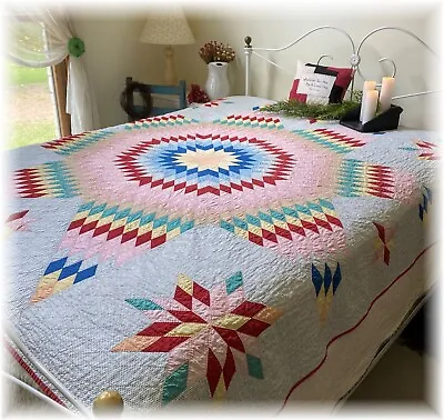 $425 • Buy Antique Vintage Lone Star Quilt Pattern Hand Quilted 74  X 74  Pk White Red Blue