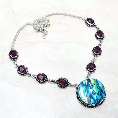 Abalone Shell Amethyst Gemstone Ethnic Handmade Necklace Jewelry 38 Gms AN 10424 • $3.99